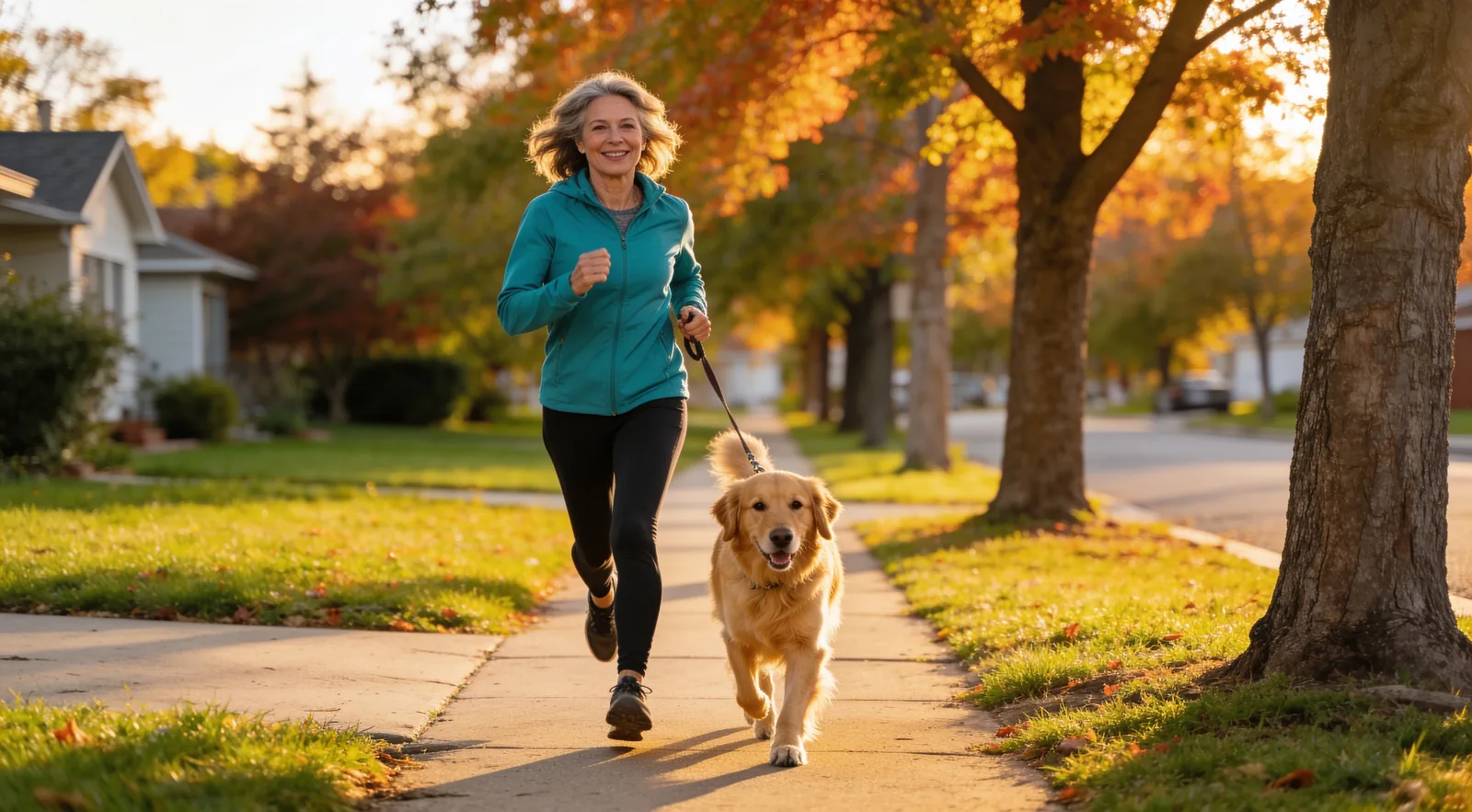 Woman jogging with her dog on a tree-lined sidewalk