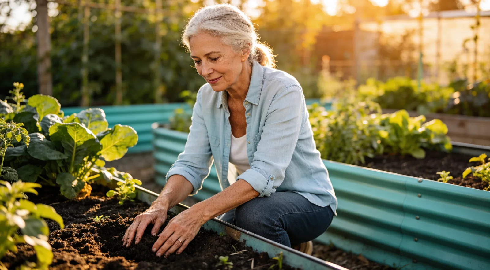 Woman kneeling and gardening in a raised garden bed