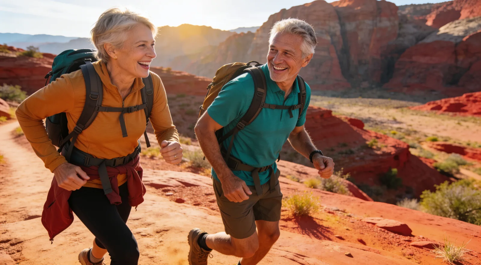 Couple hiking a red-rock desert trail together