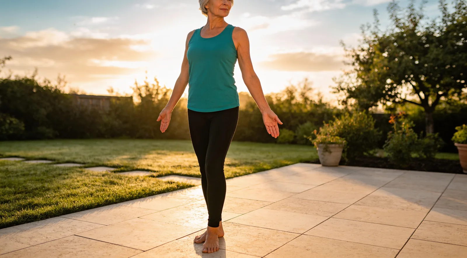 Woman stretching outdoors on a patio at sunrise